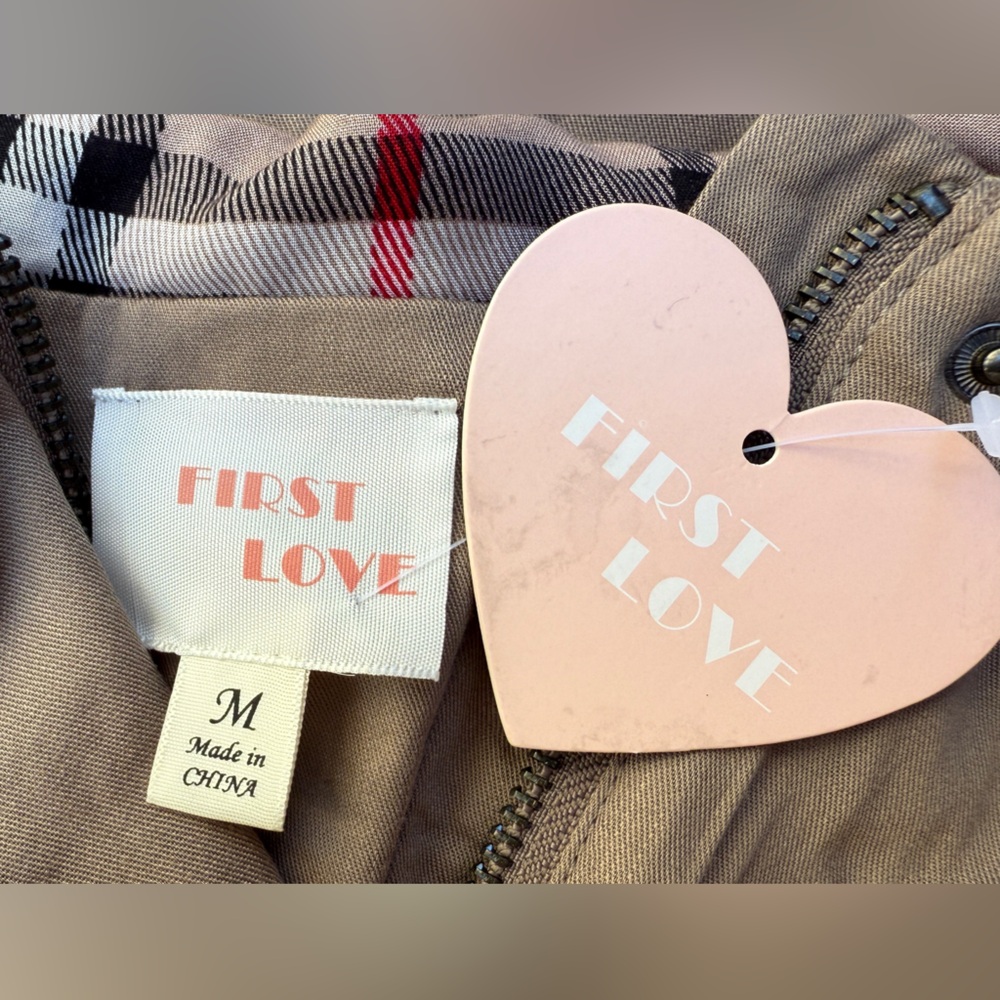 First Love Brand Beige Hooded Jacket with Plaid‎ Lining - Picture 3 of 4